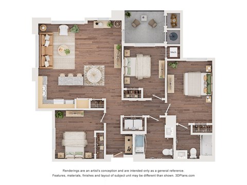 Floor plan for 3 beds, 2 baths, 1289 sqft